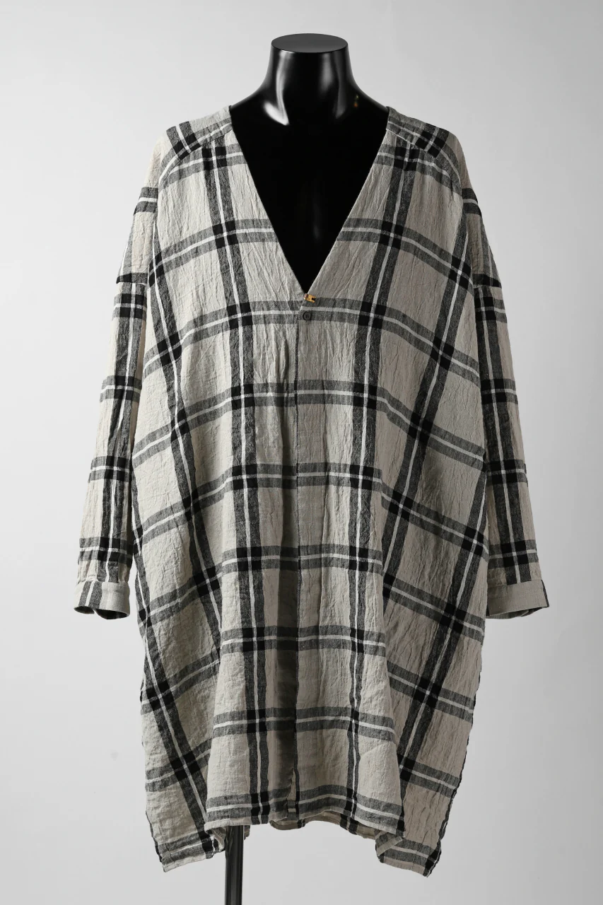 _vital collarless shirt-cardigan / linen-Plaid (BLACK x BEIGE)