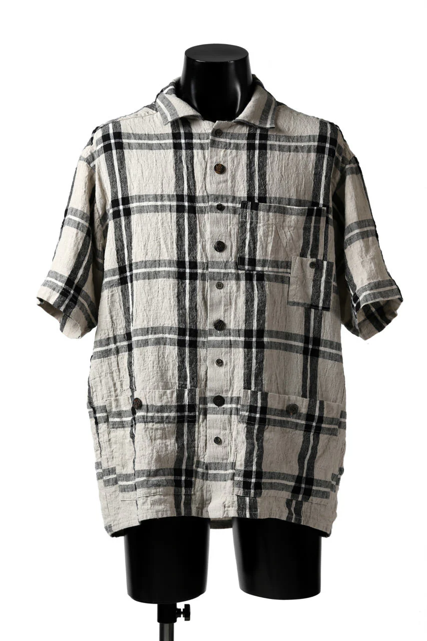 _vital short sleeve coverall shirt / linen-plaid (BLACK x BEIGE)