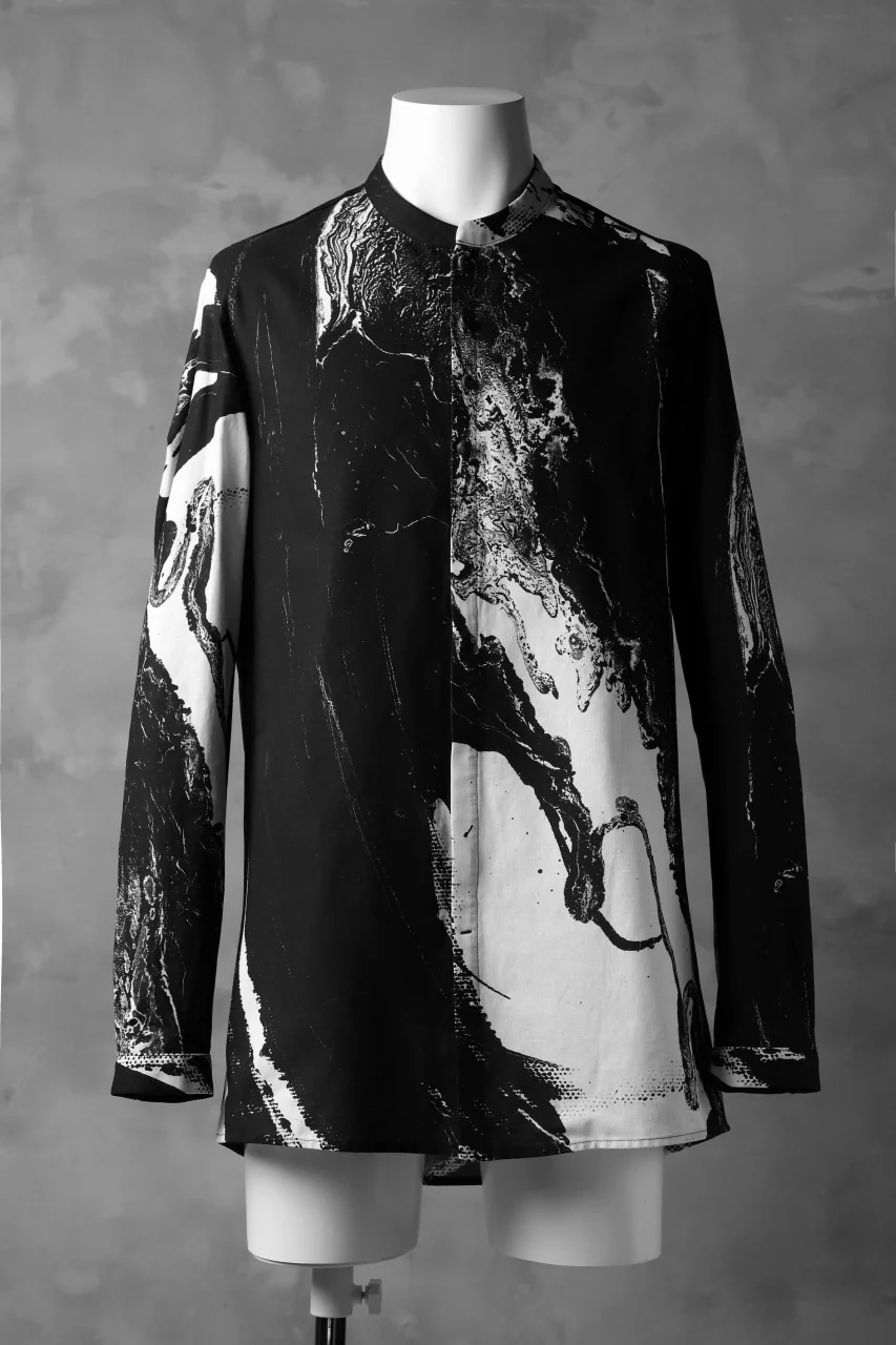 _vital mandarin collar shirt / texture print (BLACK×PRINT)