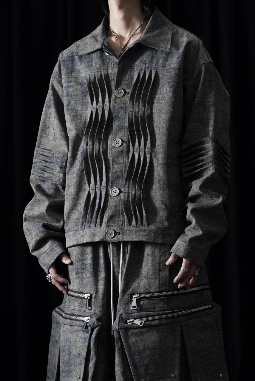 A.F ARTEFACT BLENDED SHADES DENIM PIN TUCK BLOUSON (STEEL BLUE) - Image 9