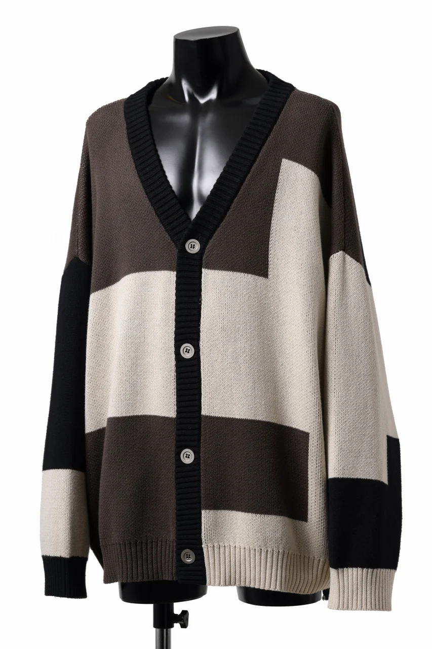 A.F ARTEFACT BLOCK-PANEL COTTON KNIT CARDIGAN /  (BLACK x GREY x BEIGE) - Image 2