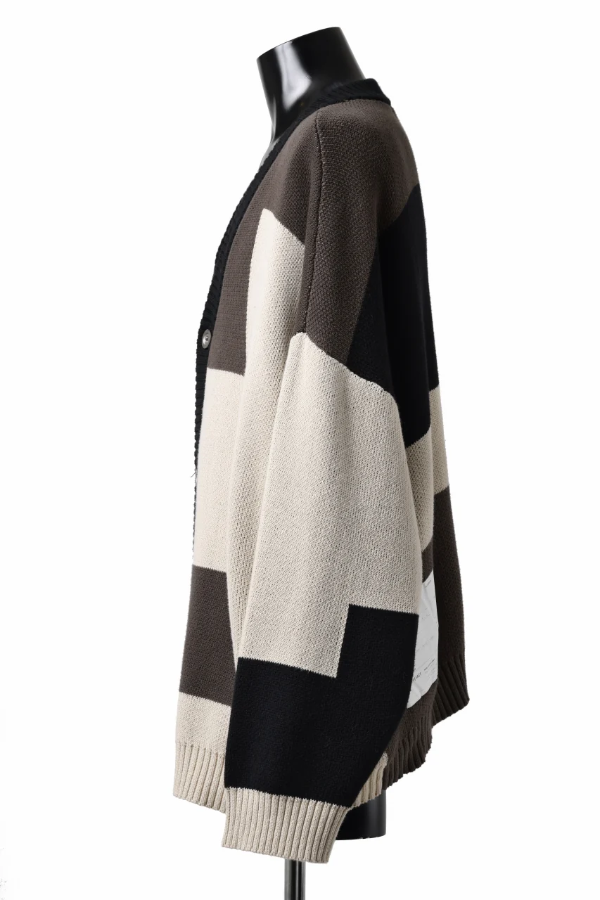 A.F ARTEFACT BLOCK-PANEL COTTON KNIT CARDIGAN /  (BLACK x GREY x BEIGE) - Image 3