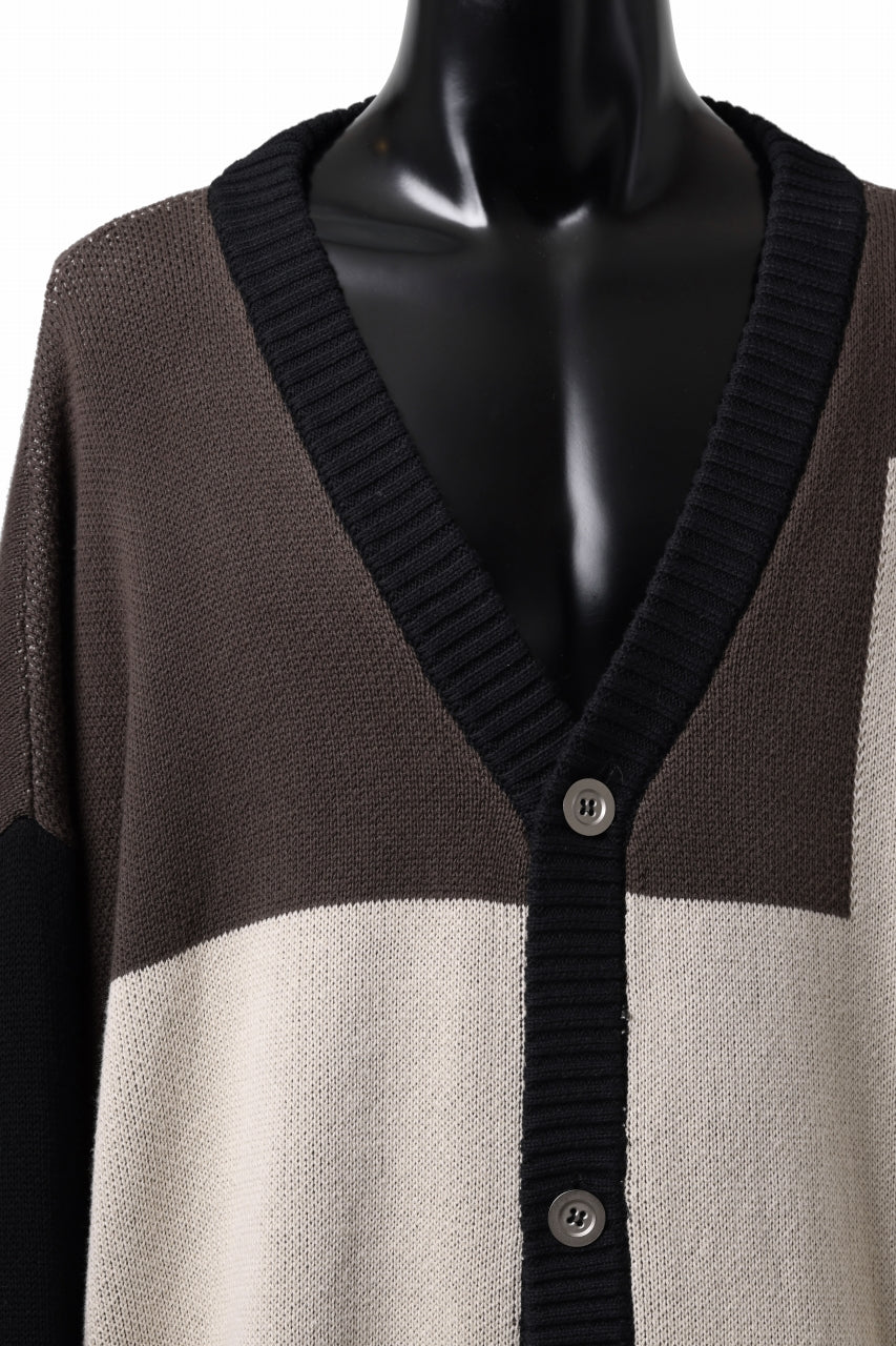 A.F ARTEFACT BLOCK-PANEL COTTON KNIT CARDIGAN /  (BLACK x GREY x BEIGE) - Image 7