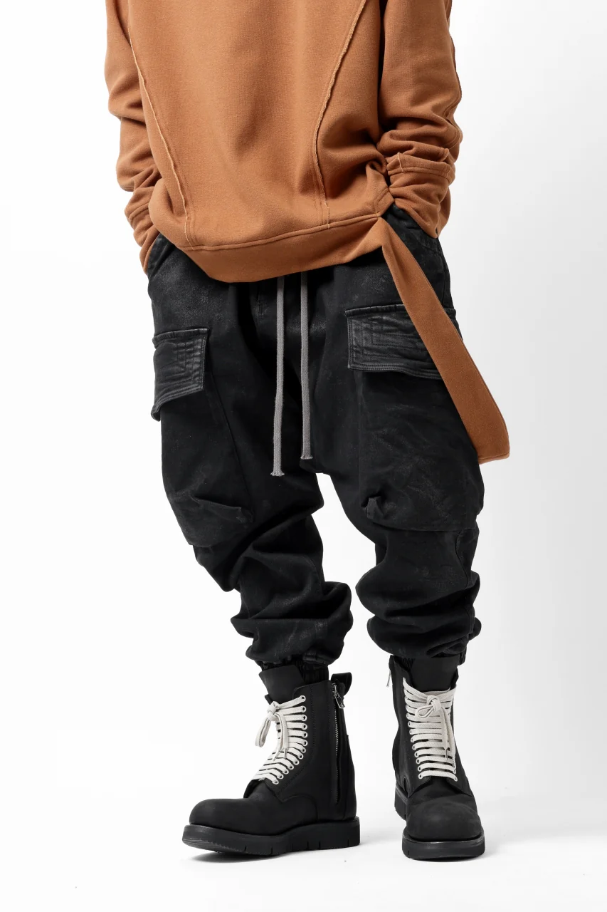 A.F ARTEFACT COATED EASY SARROUEL CARGO PANTS / HI-STRETCH DENIM (BLACK) - Image 9