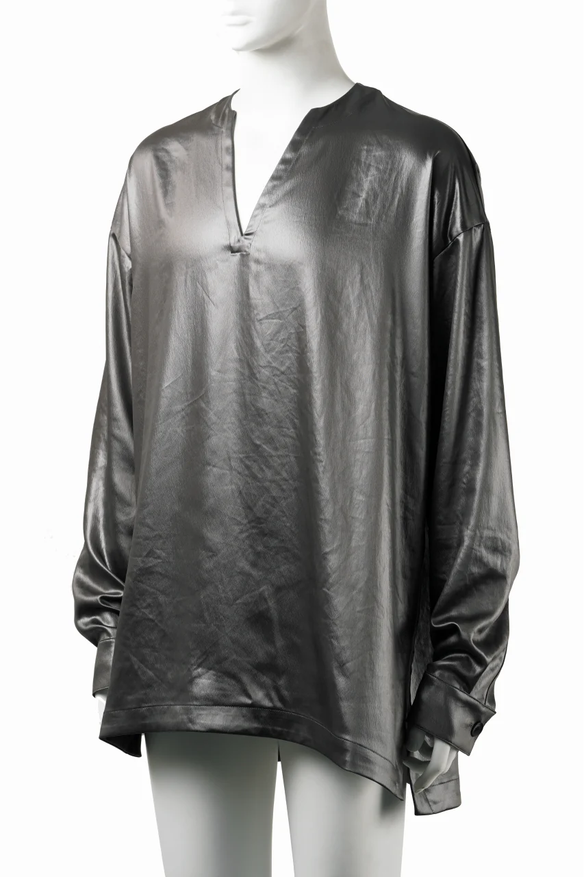 A.F ARTEFACT COLLARLESS SHIRT TOPS / SOFT SATIN (DARK GREY) - Image 2