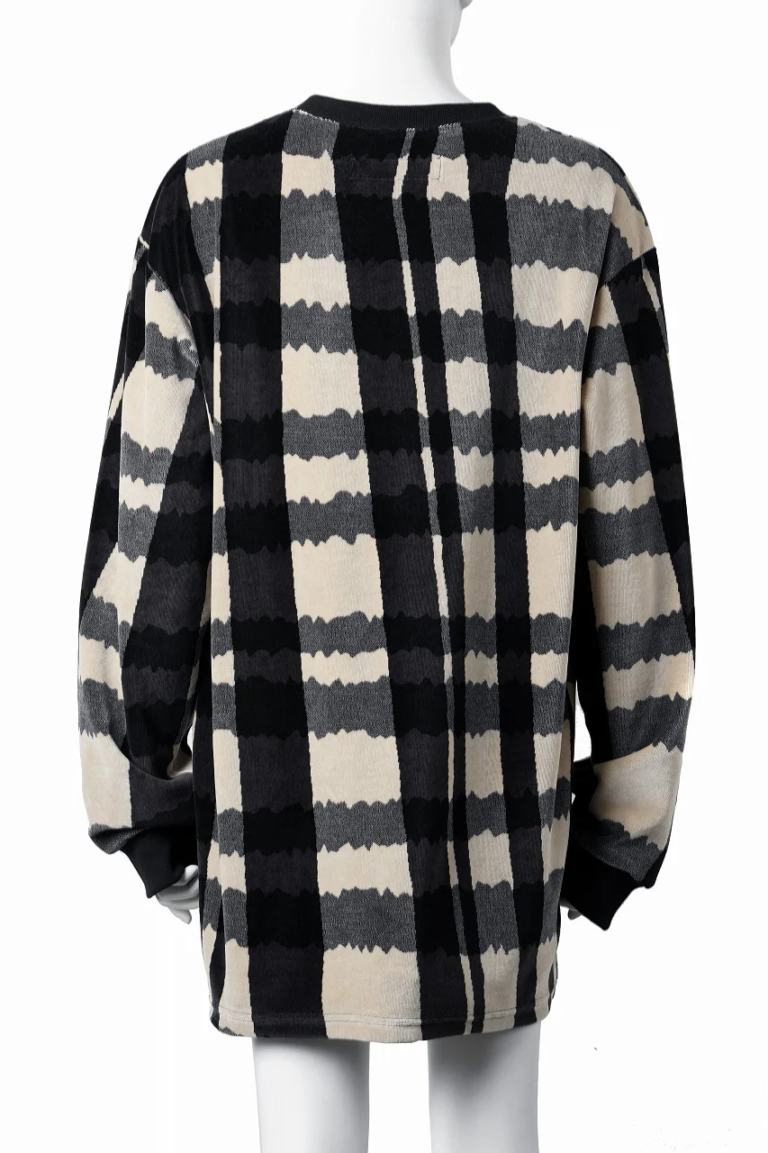 A.F ARTEFACT CREW NECK LONG PULLOVER / JACQUARD DEFORMED PLAID VELOR (BLACK x GREY x IVORY) - Image 3