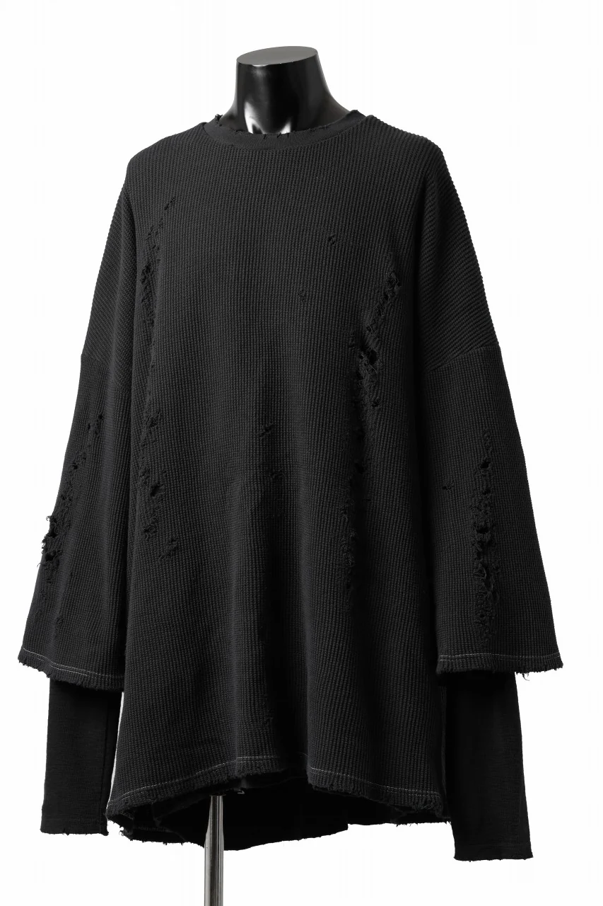 A.F ARTEFACT DAMAGE LAYERED PULLOVER / WAFFLE COTTON JERSEY (BLACK) - Image 2