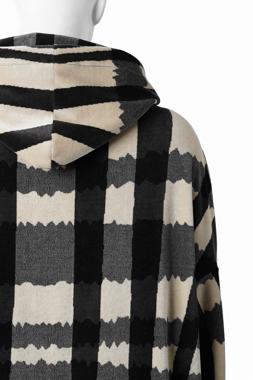 A.F ARTEFACT DOLMAN HOODED ZIP / JACQUARD DEFORMED PLAID VELOR (BLACK x GREY x IVORY) - Image 6