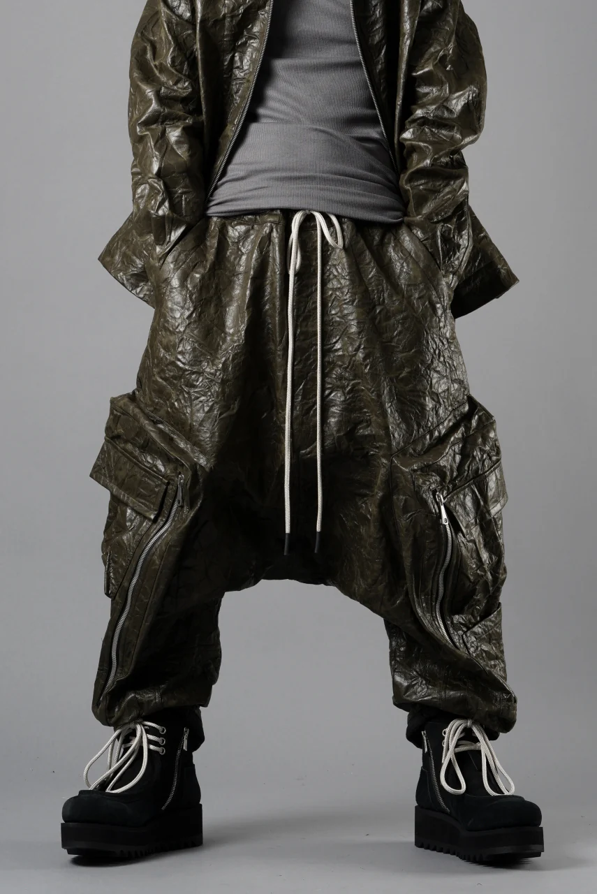 A.F ARTEFACT DROPCLOTCH WIDE PANTS / WASHER SYNTHETIC LEATHER (KHAKI) - Image 9