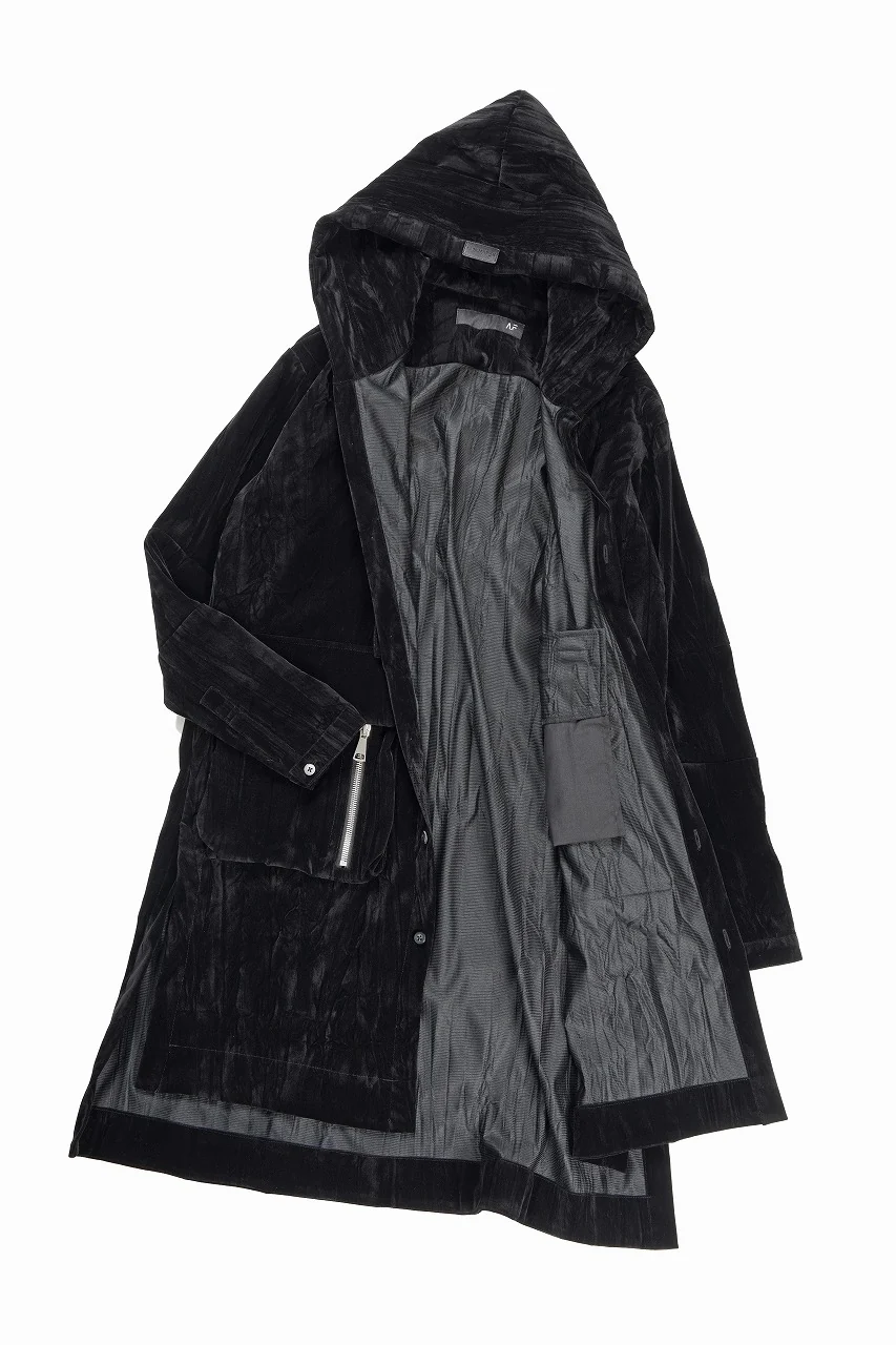 A.F ARTEFACT HOODED LONG JACKET / WASHER VELOR (BLACK) - Image 4