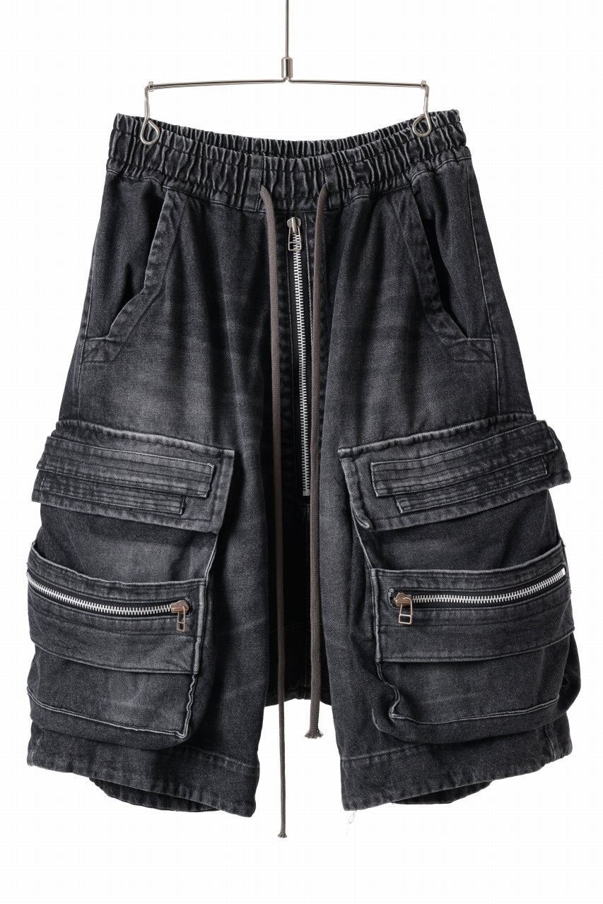 A.F ARTEFACT LOWCROTCH MILITARY WIDE SHORTS / FADED AGING DENIM (BLACK)