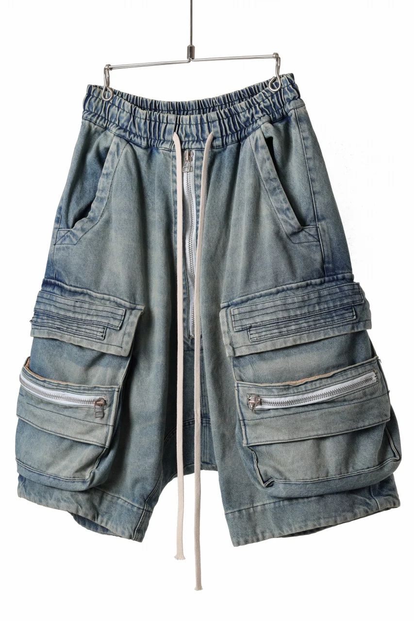 A.F ARTEFACT LOWCROTCH MILITARY WIDE SHORTS / FADED AGEING DENIM (BLUE) - Image 2