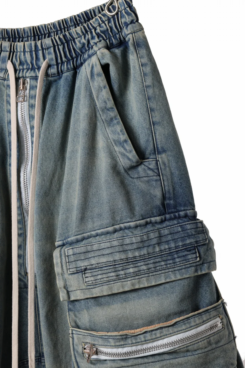 A.F ARTEFACT LOWCROTCH MILITARY WIDE SHORTS / FADED AGEING DENIM (BLUE) - Image 4