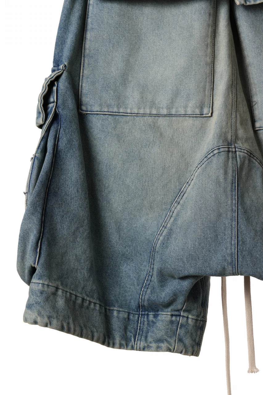 A.F ARTEFACT LOWCROTCH MILITARY WIDE SHORTS / FADED AGEING DENIM (BLUE) - Image 7