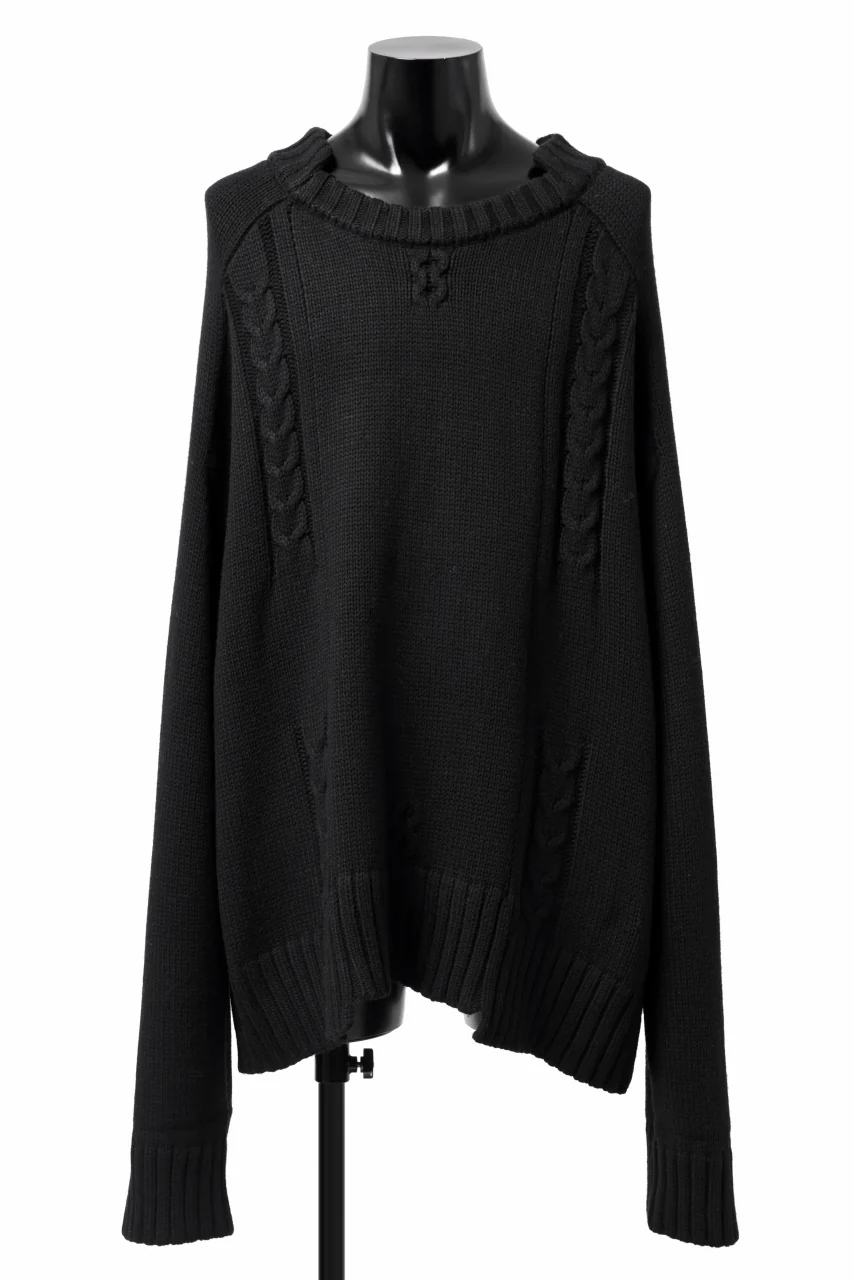 A.F ARTEFACT LOWGAUGE CABLE KNIT PULLOVER IRREGULAR-HEM (BLACK)