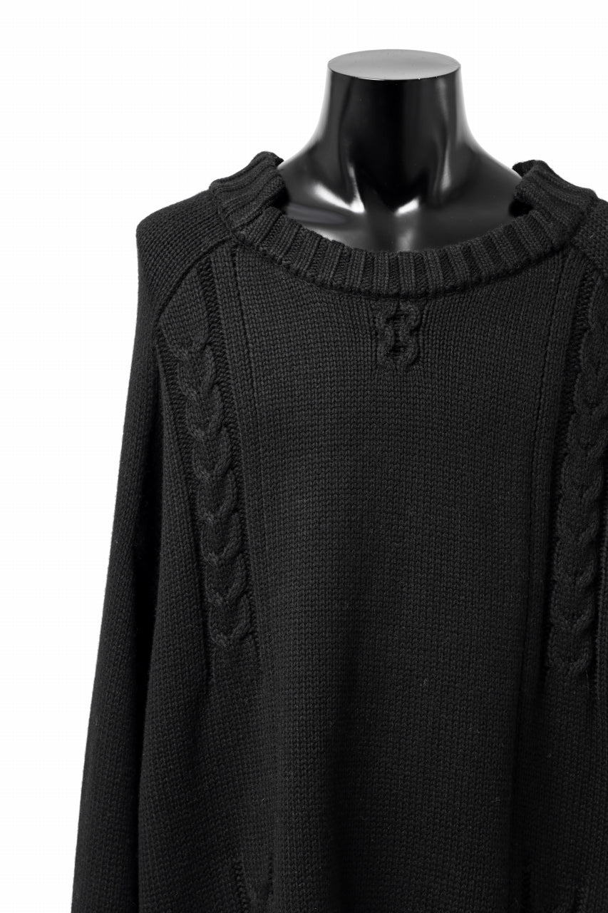 A.F ARTEFACT LOWGAUGE CABLE KNIT PULLOVER IRREGULAR-HEM (BLACK) - Image 13