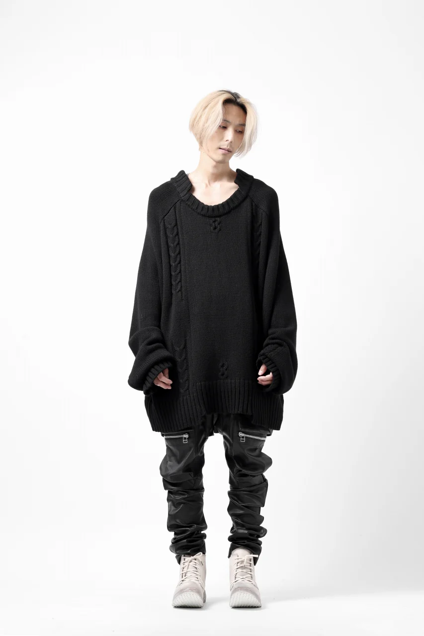 A.F ARTEFACT LOWGAUGE CABLE KNIT PULLOVER IRREGULAR-HEM (BLACK) - Image 27