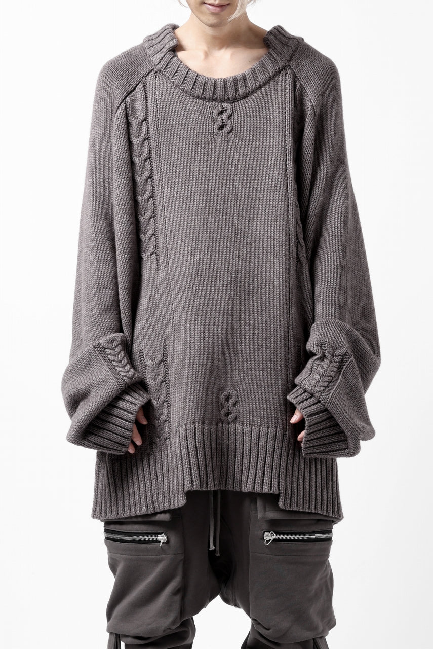 A.F ARTEFACT LOWGAUGE CABLE KNIT PULLOVER IRREGULAR-HEM (GREY) - Image 2