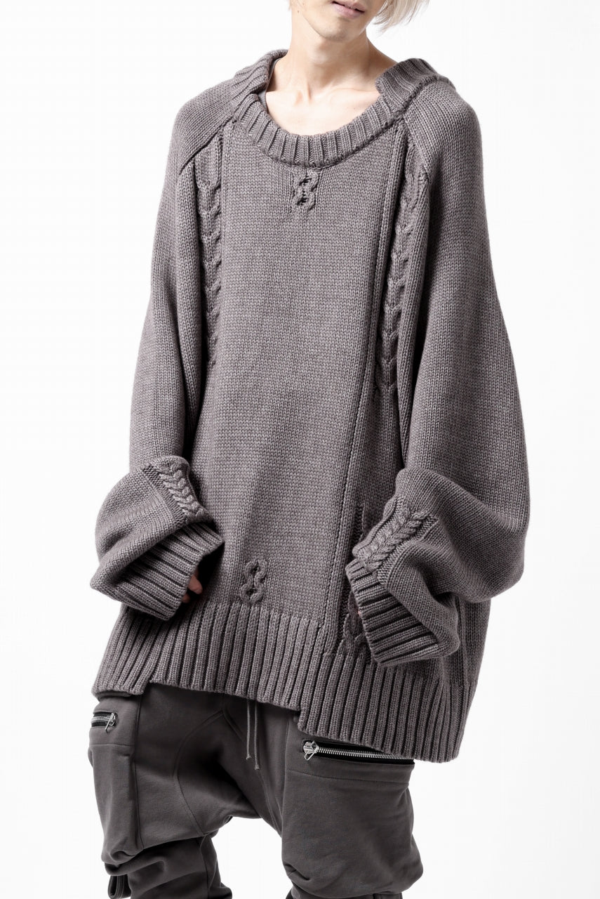A.F ARTEFACT LOWGAUGE CABLE KNIT PULLOVER IRREGULAR-HEM (GREY) - Image 3