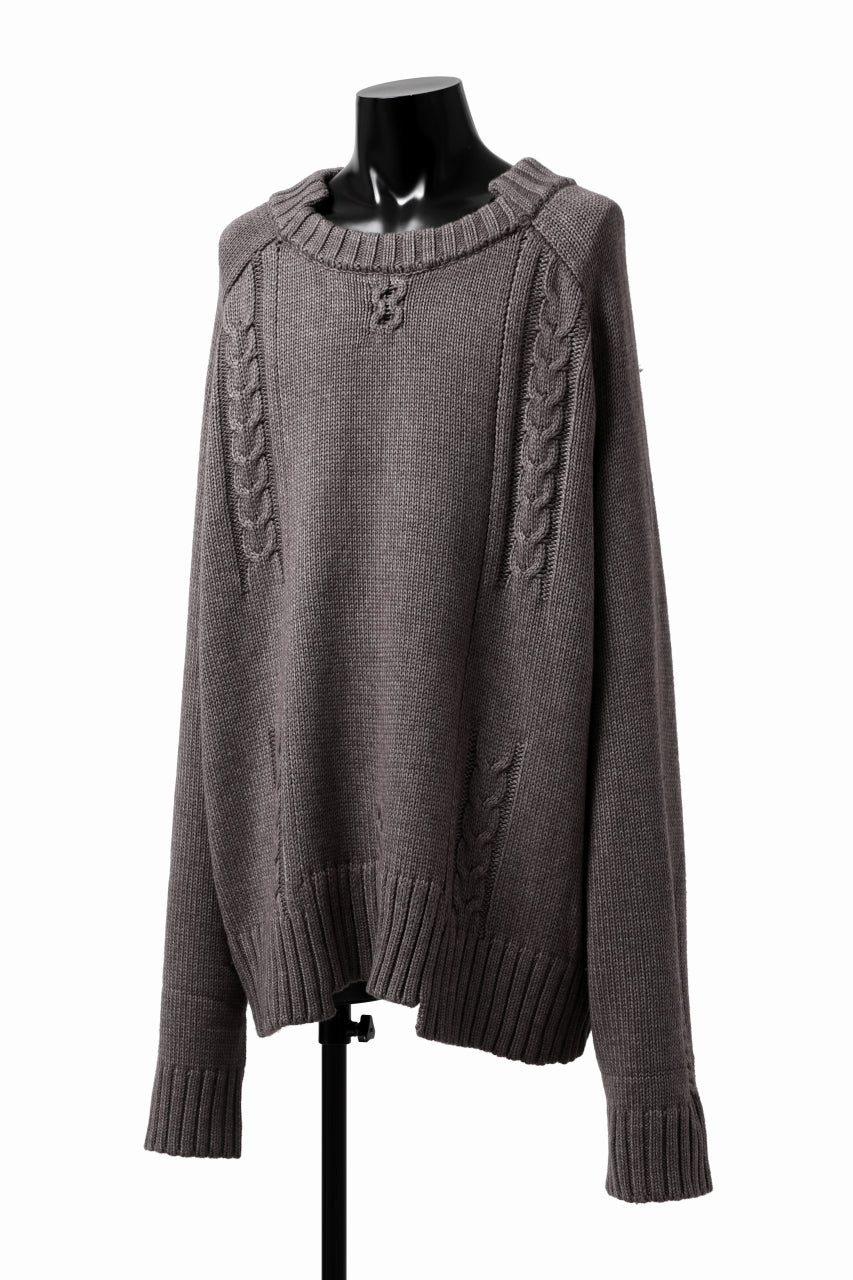 A.F ARTEFACT LOWGAUGE CABLE KNIT PULLOVER IRREGULAR-HEM (GREY) - Image 5