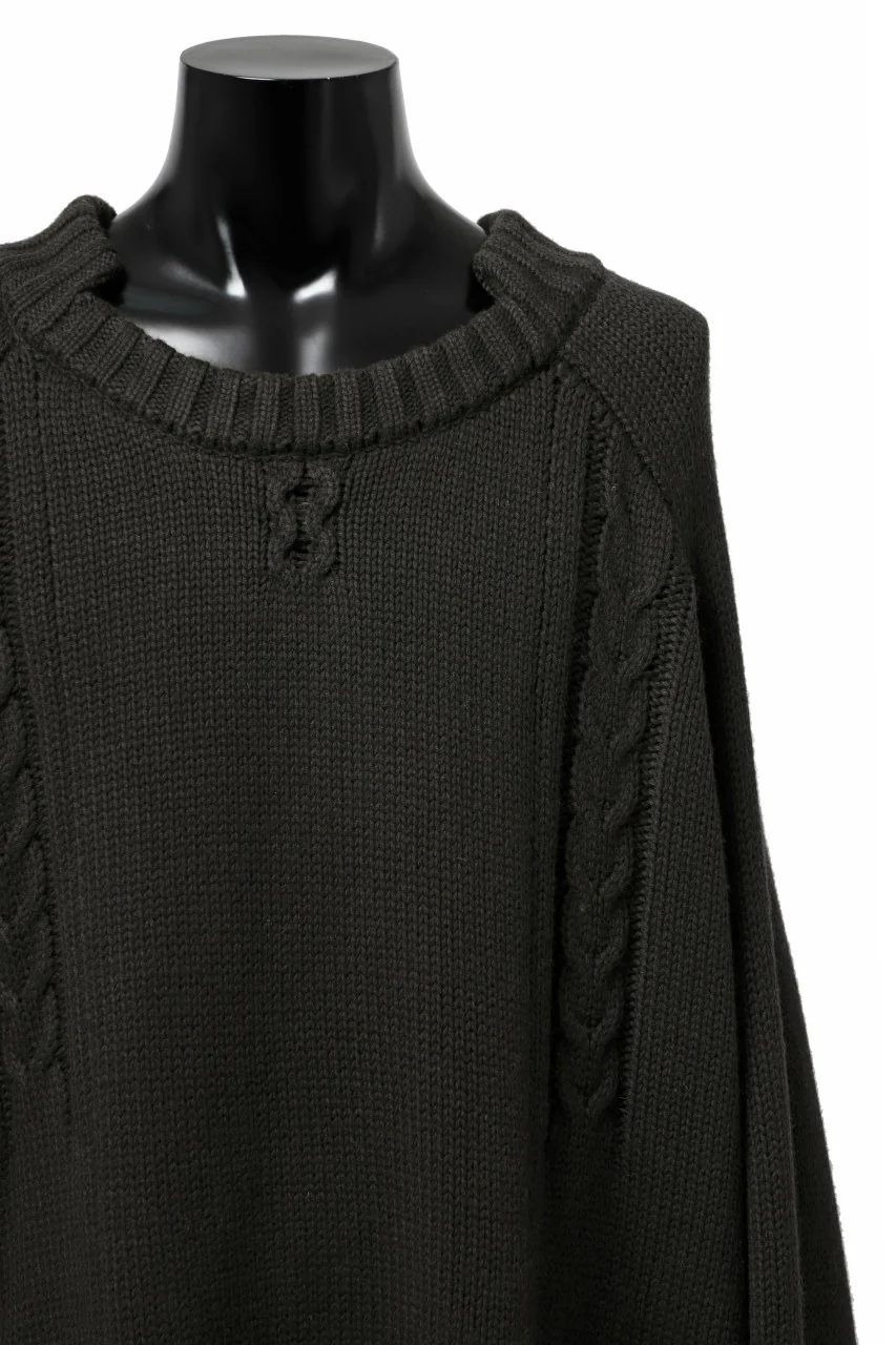 A.F ARTEFACT LOWGAUGE CABLE KNIT PULLOVER IRREGULAR-HEM (KHAKI) - Image 12