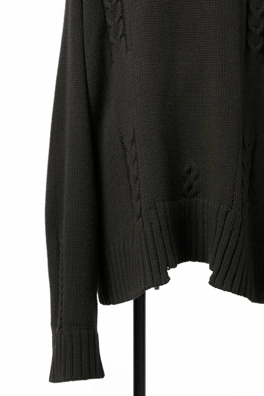 A.F ARTEFACT LOWGAUGE CABLE KNIT PULLOVER IRREGULAR-HEM (KHAKI) - Image 13