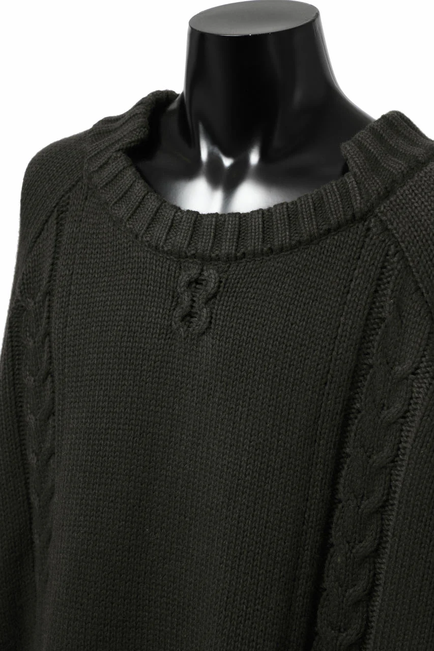 A.F ARTEFACT LOWGAUGE CABLE KNIT PULLOVER IRREGULAR-HEM (KHAKI) - Image 15