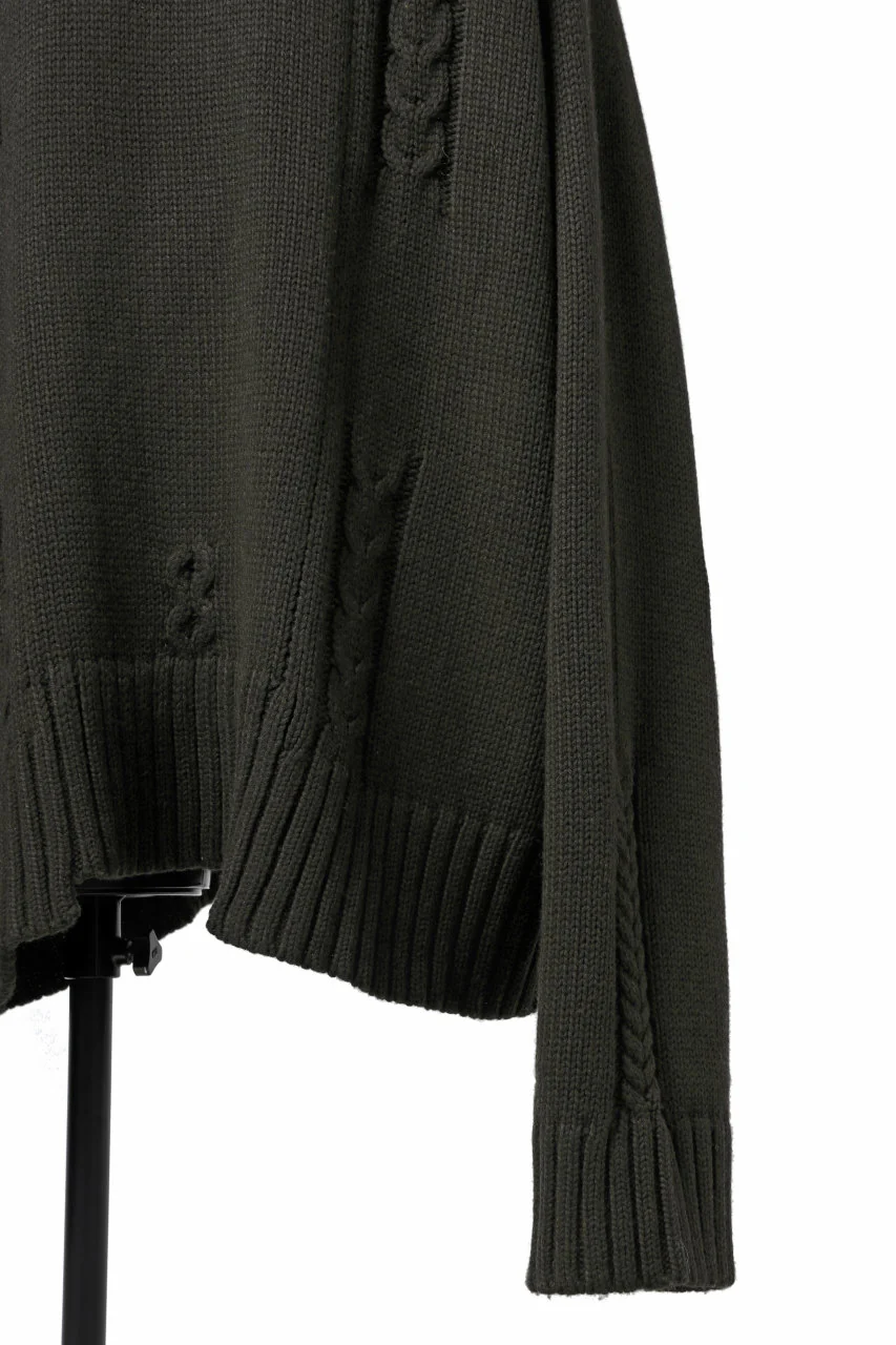 A.F ARTEFACT LOWGAUGE CABLE KNIT PULLOVER IRREGULAR-HEM (KHAKI) - Image 16