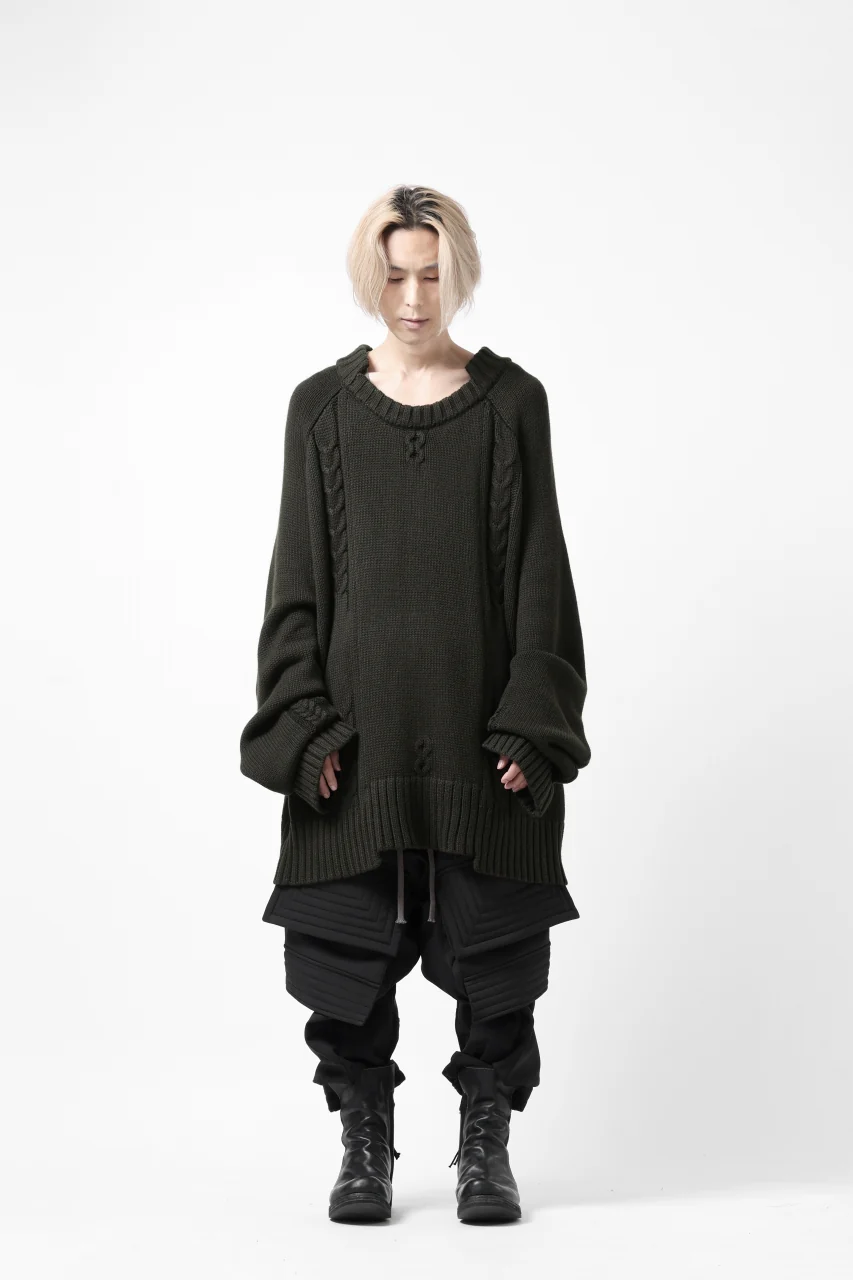 A.F ARTEFACT LOWGAUGE CABLE KNIT PULLOVER IRREGULAR-HEM (KHAKI) - Image 21