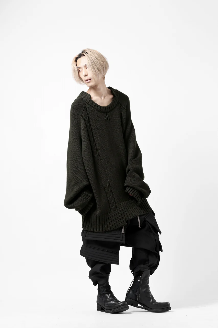 A.F ARTEFACT LOWGAUGE CABLE KNIT PULLOVER IRREGULAR-HEM (KHAKI) - Image 22