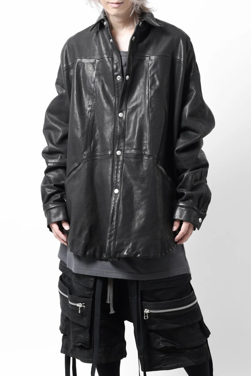 A.F ARTEFACT SNAPPED COCOON SHIRT-JACKET / SOFT GOAT LEATHER (BLACK) - Image 13