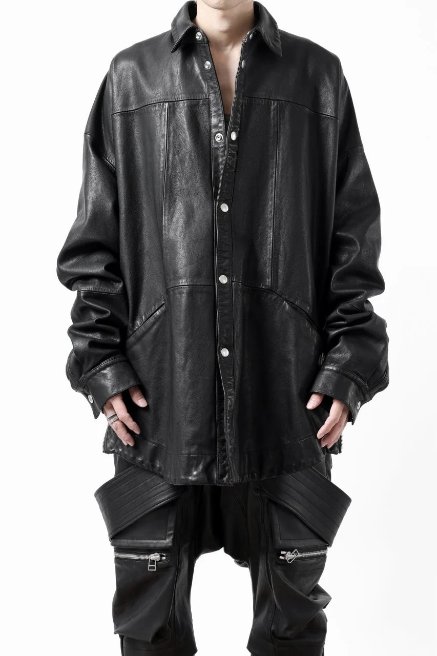 A.F ARTEFACT SNAPPED COCOON SHIRT-JACKET / SOFT GOAT LEATHER (BLACK) - Image 57