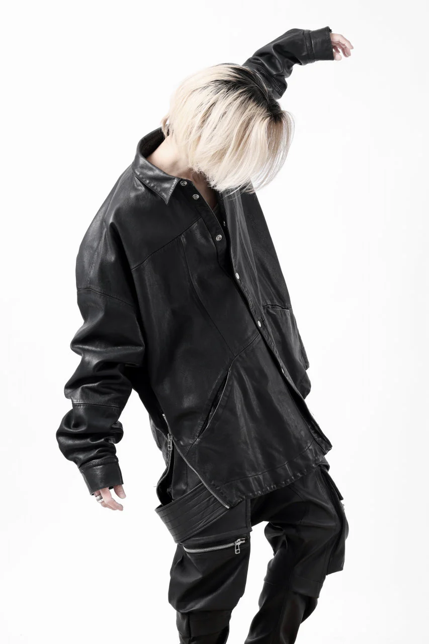 A.F ARTEFACT SNAPPED COCOON SHIRT-JACKET / SOFT GOAT LEATHER (BLACK) - Image 62