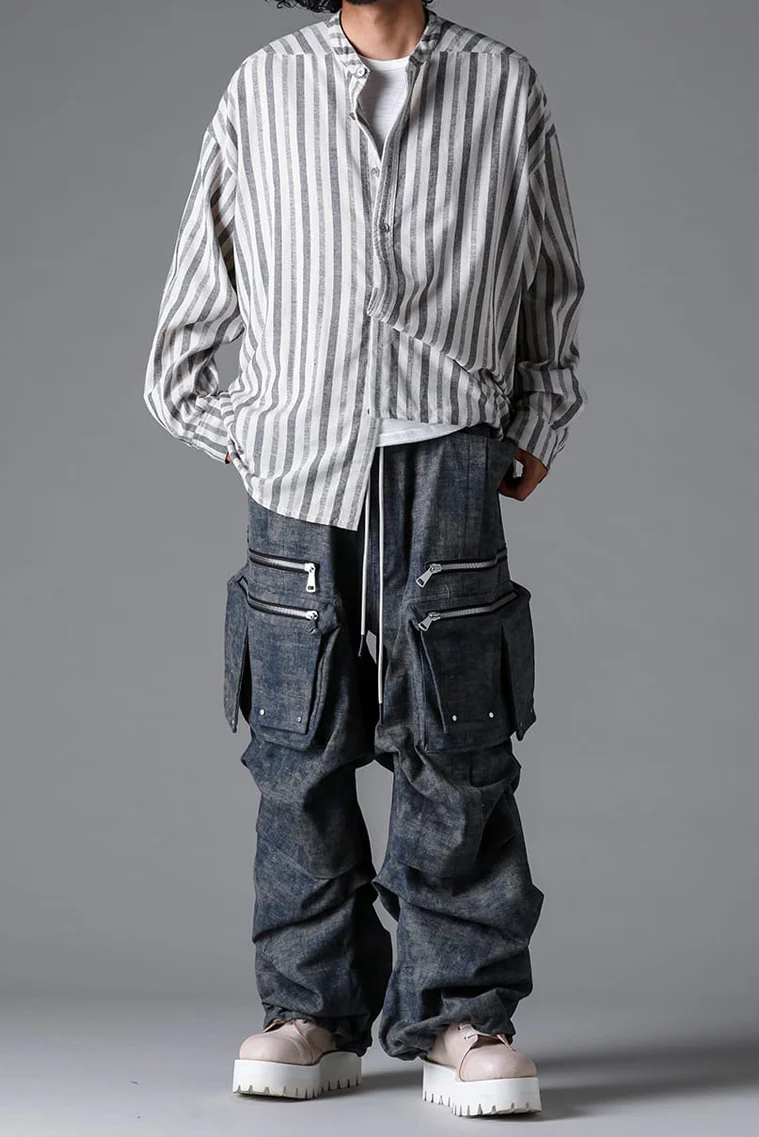 A.F ARTEFACT STAND COLLAR SHIRT / VERTICAL STRIPE (CREAM x LIGHT GREY) - Image 12