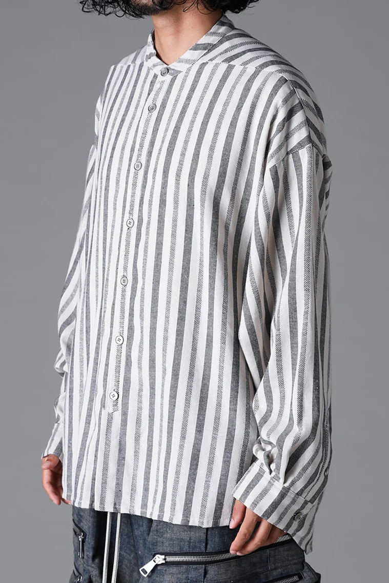 A.F ARTEFACT STAND COLLAR SHIRT / VERTICAL STRIPE (CREAM x LIGHT GREY) - Image 2