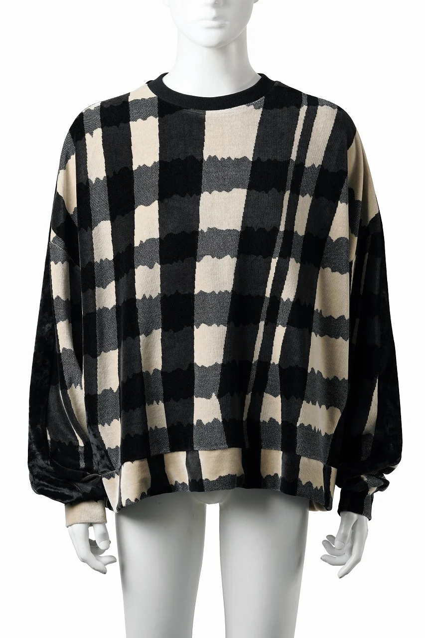 A.F ARTEFACT SWITCHING PULLOVER / JACQUARD DEFORMED PLAID VELOR (BLACK x GREY x IVORY)
