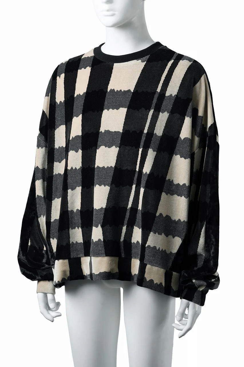 A.F ARTEFACT SWITCHING PULLOVER / JACQUARD DEFORMED PLAID VELOR (BLACK x GREY x IVORY) - Image 2
