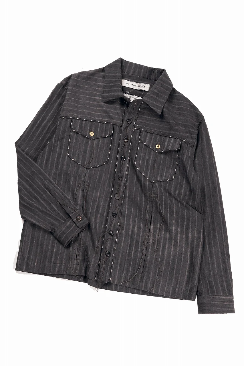 A TENTATIVE ATELIER Abel G. PIPING POCKET WORKER SHIRT (BROWN GREY STRIPES) - Image 4