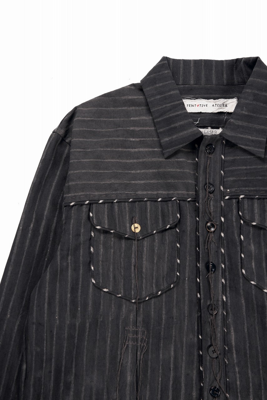 A TENTATIVE ATELIER Abel G. PIPING POCKET WORKER SHIRT (BROWN GREY STRIPES) - Image 5