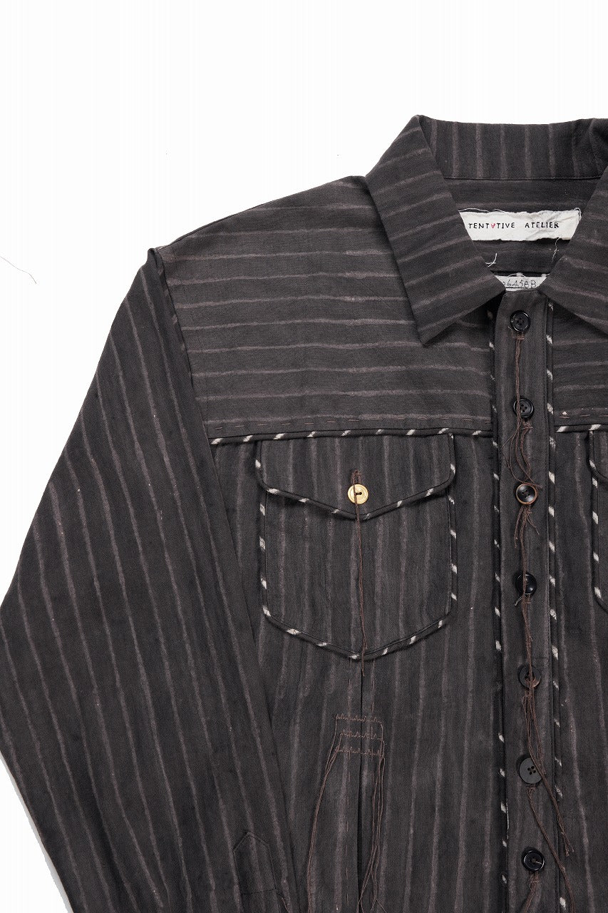A TENTATIVE ATELIER Abel G. PIPING POCKET WORKER SHIRT (BROWN GREY STRIPES) - Image 7