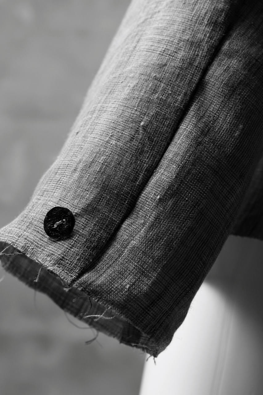 blackcrow band collar linen check shirt / sumi dyed (carbon) - Image 10