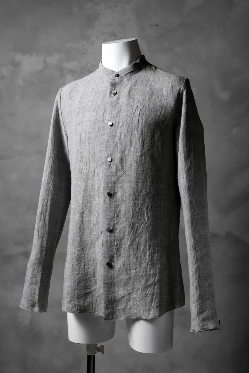 blackcrow band collar linen check shirt / sumi dyed (carbon) - Image 2