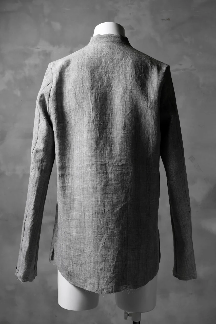 blackcrow band collar linen check shirt / sumi dyed (carbon) - Image 3