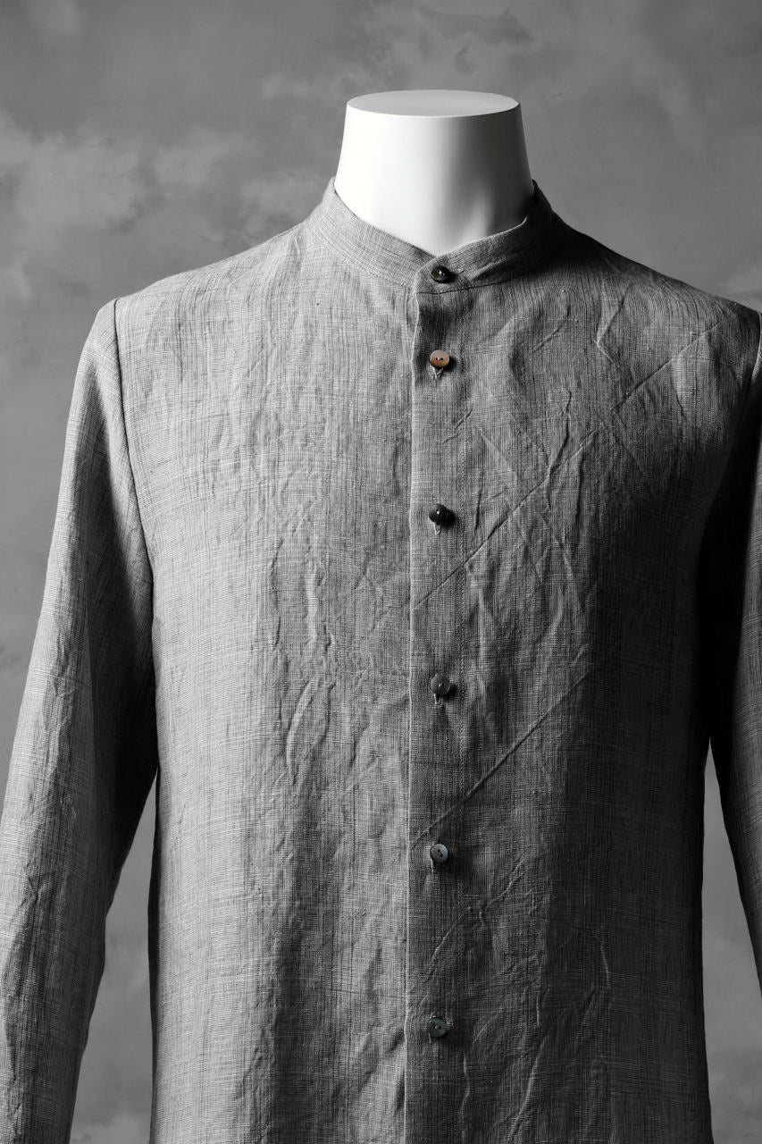 blackcrow band collar linen check shirt / sumi dyed (carbon) - Image 5