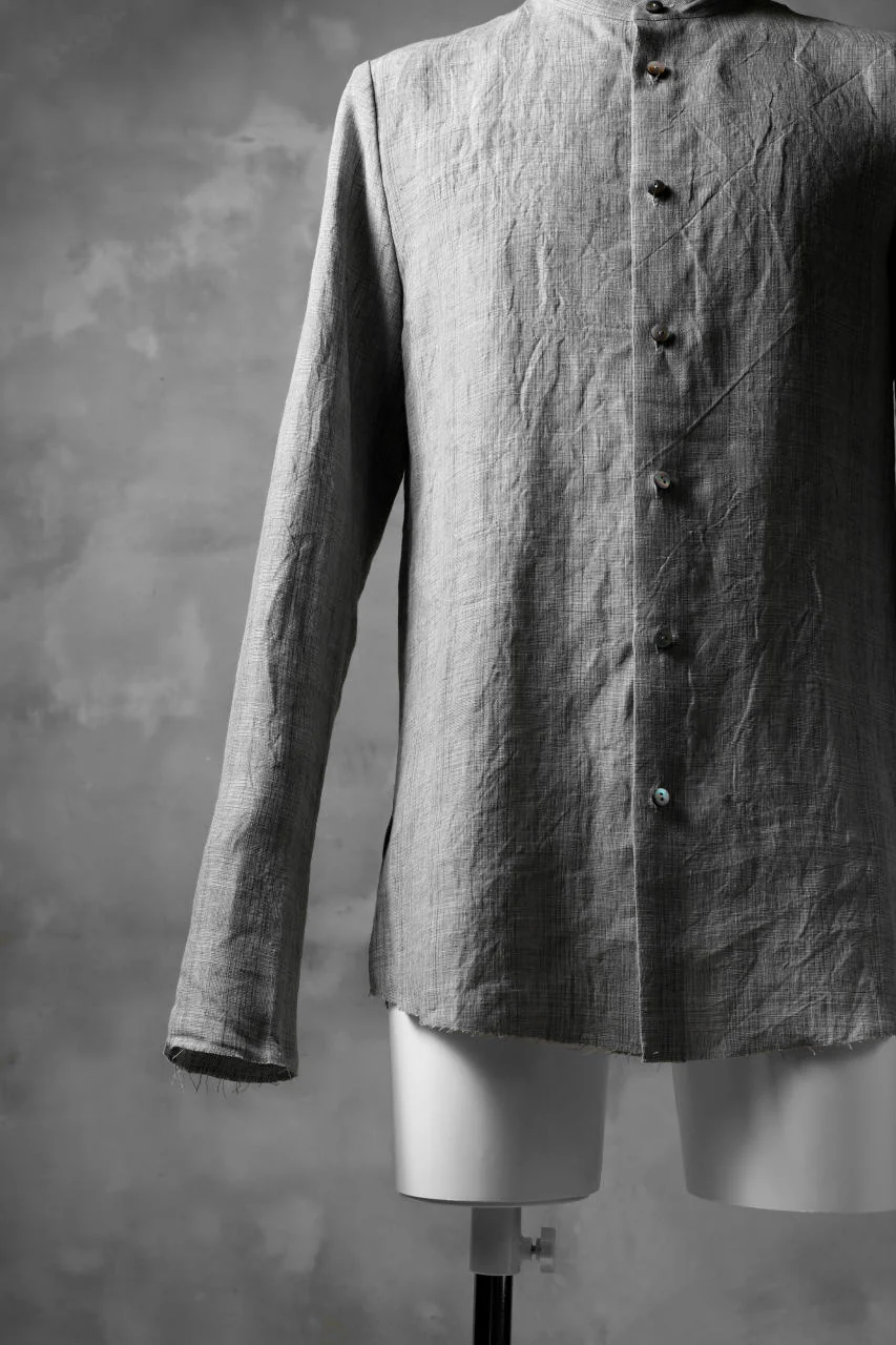 blackcrow band collar linen check shirt / sumi dyed (carbon) - Image 7