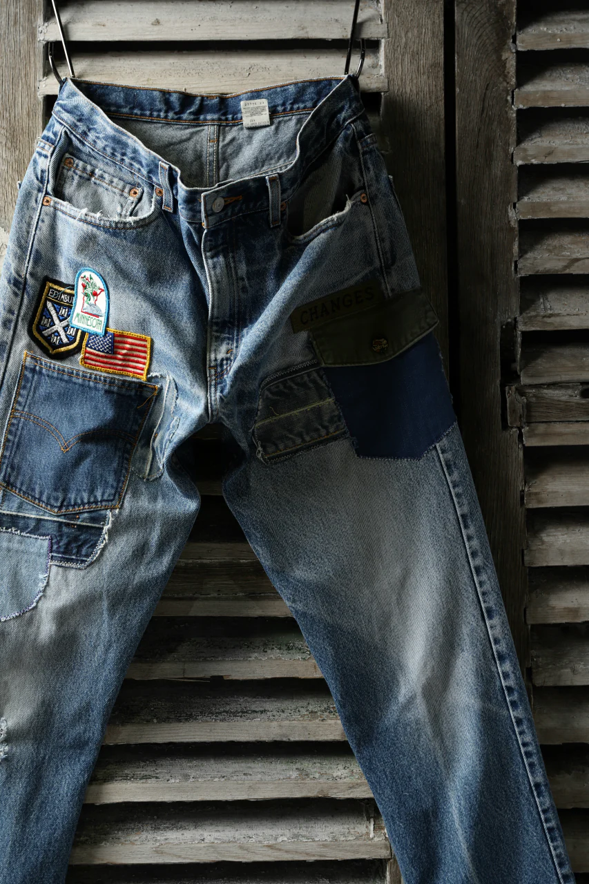 CHANGES VINTAGE REMAKE PATCHWORK DENIM TAPERED PANTS / VINTAGE DENIM (INDIGO #A) - Image 5