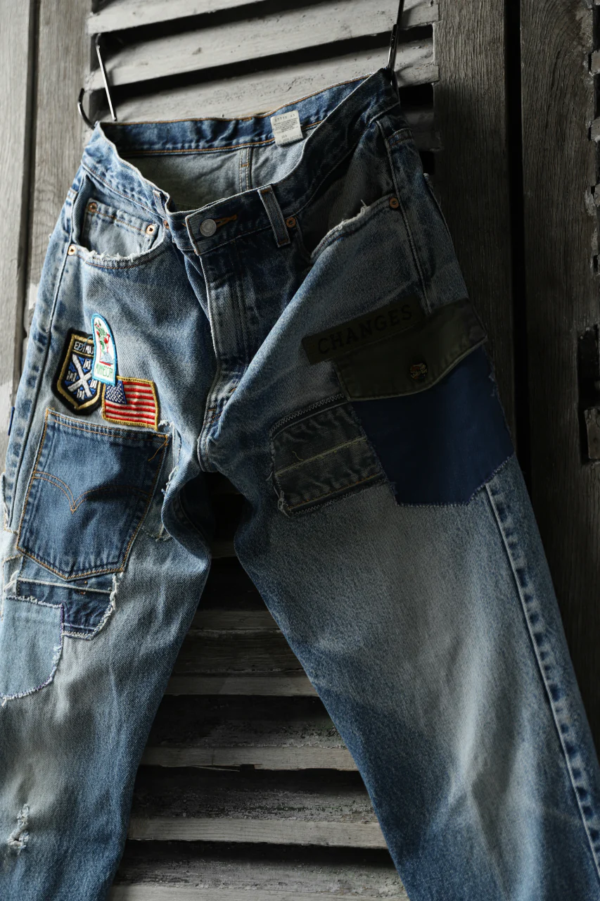 CHANGES VINTAGE REMAKE PATCHWORK DENIM TAPERED PANTS / VINTAGE DENIM (INDIGO #A) - Image 7