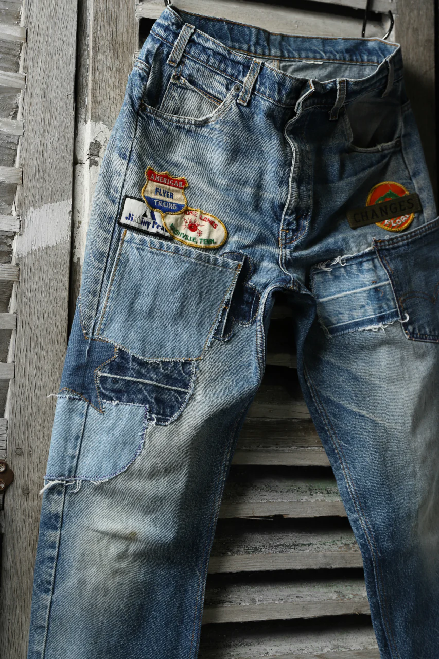 CHANGES VINTAGE REMAKE PATCHWORK DENIM TAPERED PANTS / VINTAGE DENIM (INDIGO #D) - Image 6