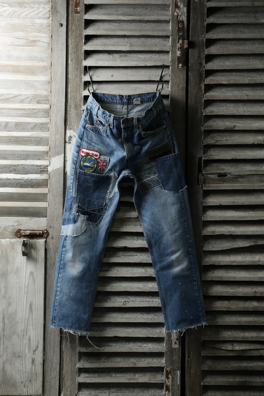 CHANGES VINTAGE REMAKE PATCHWORK DENIM TAPERED PANTS / VINTAGE DENIM (INDIGO #E) - Image 3