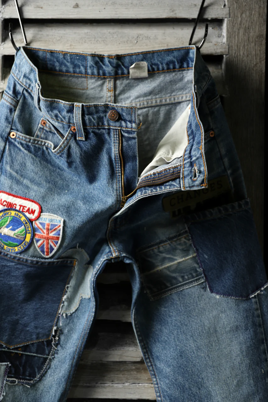 CHANGES VINTAGE REMAKE PATCHWORK DENIM TAPERED PANTS / VINTAGE DENIM (INDIGO #E) - Image 7
